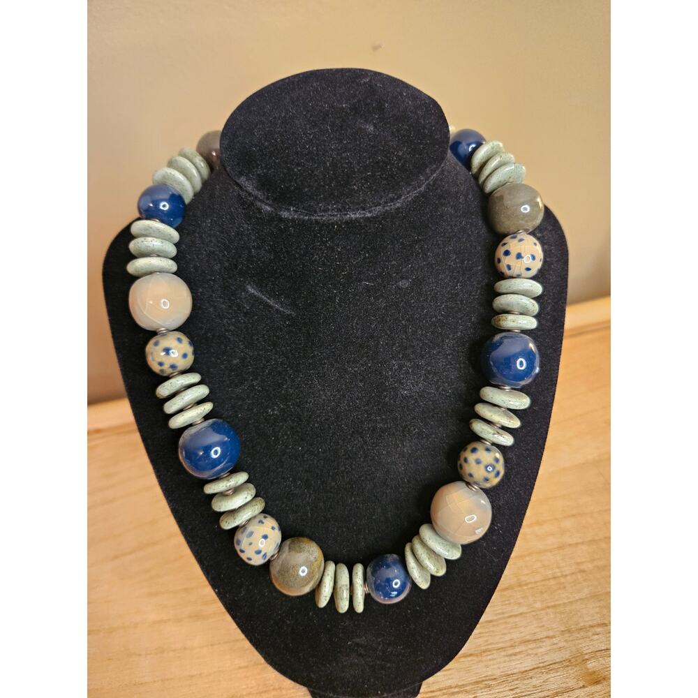 Bold Green & Blue African Glass Beaded Necklace - Picture 3 of 7